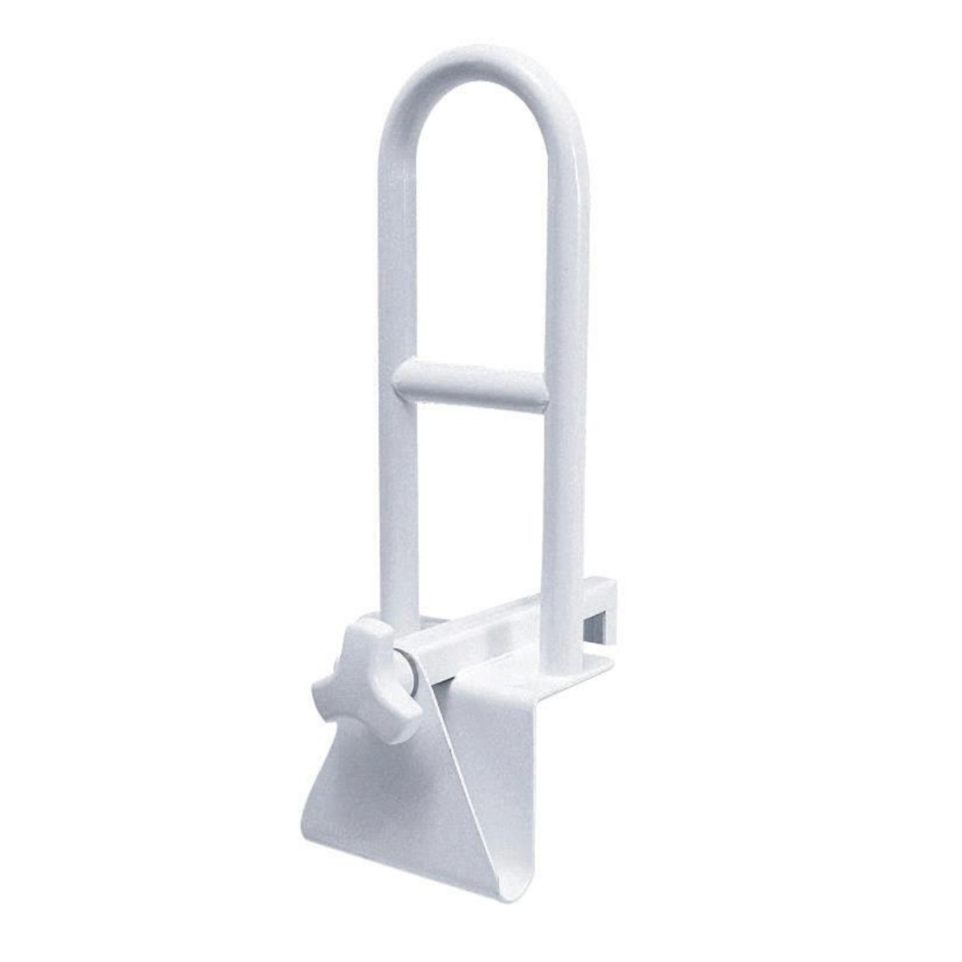 The Medline Clamp-On Bathtub Grab Bar features a white metal design with a curved handle, horizontal support bar, and adjustable clamp for secure, tool-free installation.